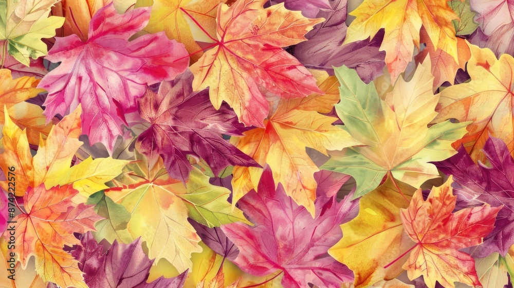 Colorful maple leaves in a botanical garden creating a seamless pattern for fabric or wallpaper with a watercolor design Colorful maple leaves in a botanical garden creating a seamless pattern for fabric or wallpaper with a watercolor design