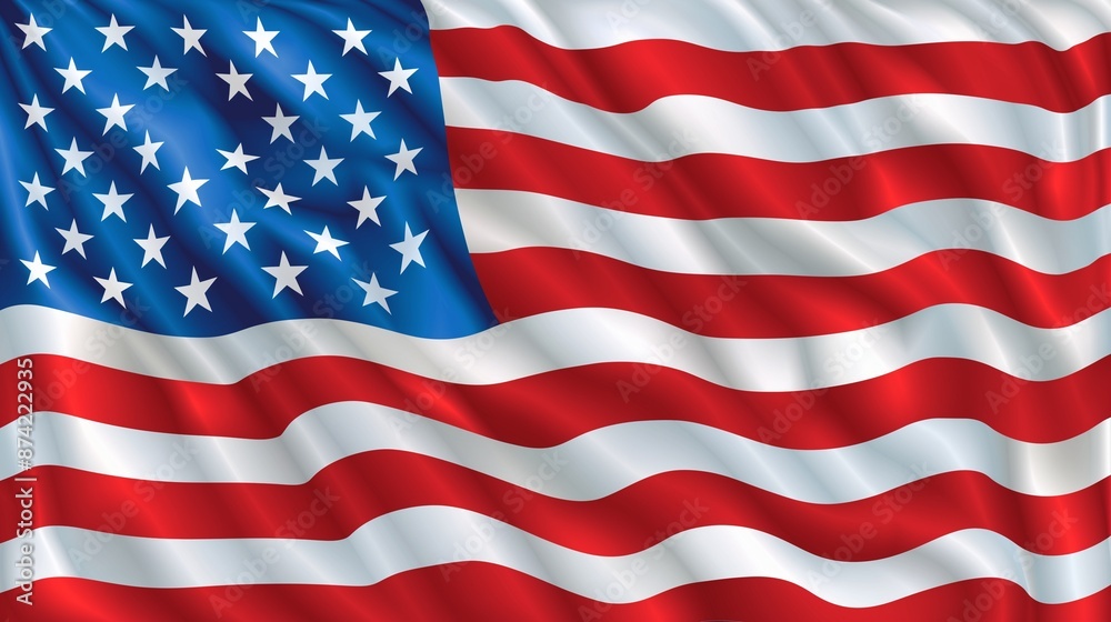 Naklejka premium High-resolution American flag waving in the wind, showcasing vibrant red, white, and blue colors with clearly visible stars and stripes, perfect for a patriotic display.