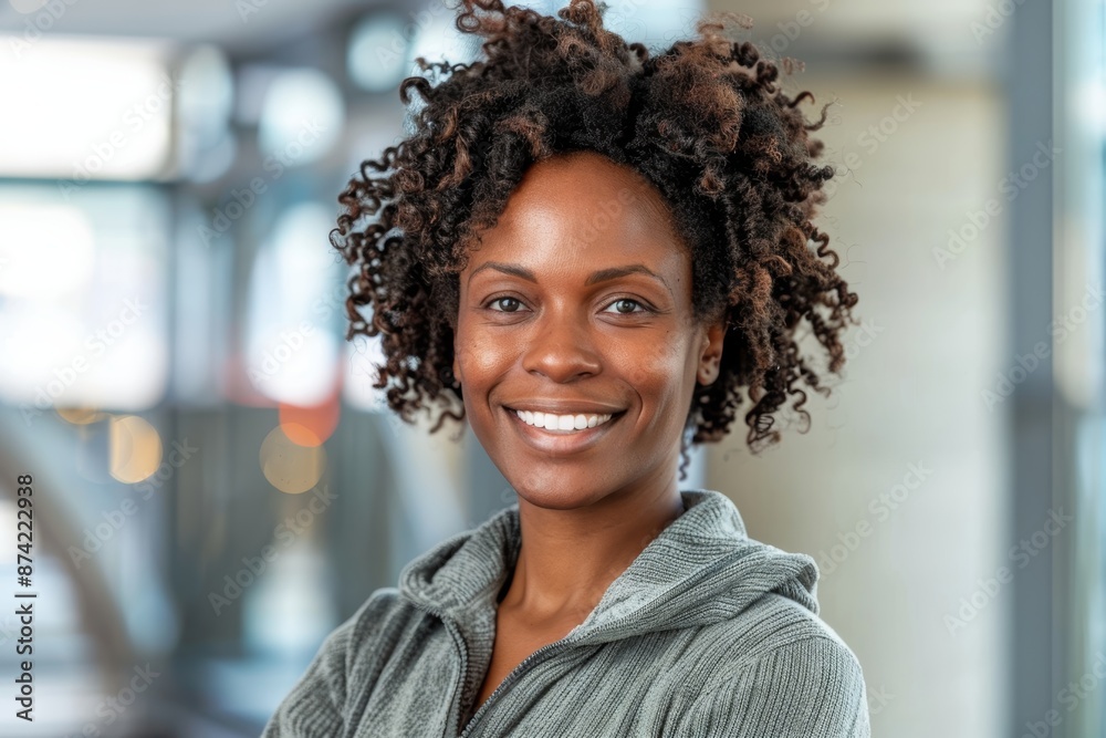 Obraz premium Portrait of a smiling afro-american woman in her 40s wearing a thermal fleece pullover over sophisticated corporate office background
