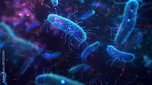 A digital illustration of several rod-shaped bacteria against a dark blue background. The bacteria are blue and have glowing filaments.