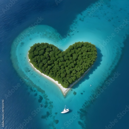 A heart-shaped tropical love island with lush green vegetation surrounded by crystal clear turquoise waters