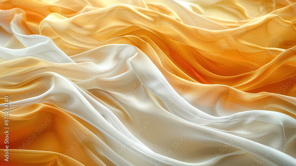 Fototapeta premium Abstract orange and white color silk fabric texture. Showing its soft, flowing texture. Soft fabric is arranged in folds and waves, creating an gentle pattern.
