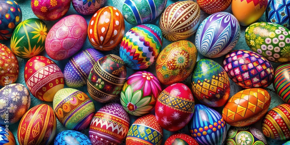 Vibrantly painted Easter eggs in various patterns and colors, Easter, eggs, painted, colorful, vibrant, decorations Vibrantly painted Easter eggs in various patterns and colors, Easter, eggs, painted, colorful, vibrant, decorations