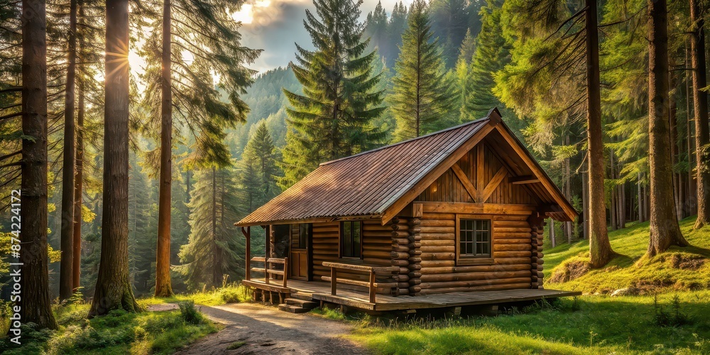 Wooden cabin nestled in a lush forest setting, cabin, wooden, house, forest, trees, nature, peaceful, tranquil, getaway, retreat Wooden cabin nestled in a lush forest setting, cabin, wooden, house, forest, trees, nature, peaceful, tranquil, getaway, retreat