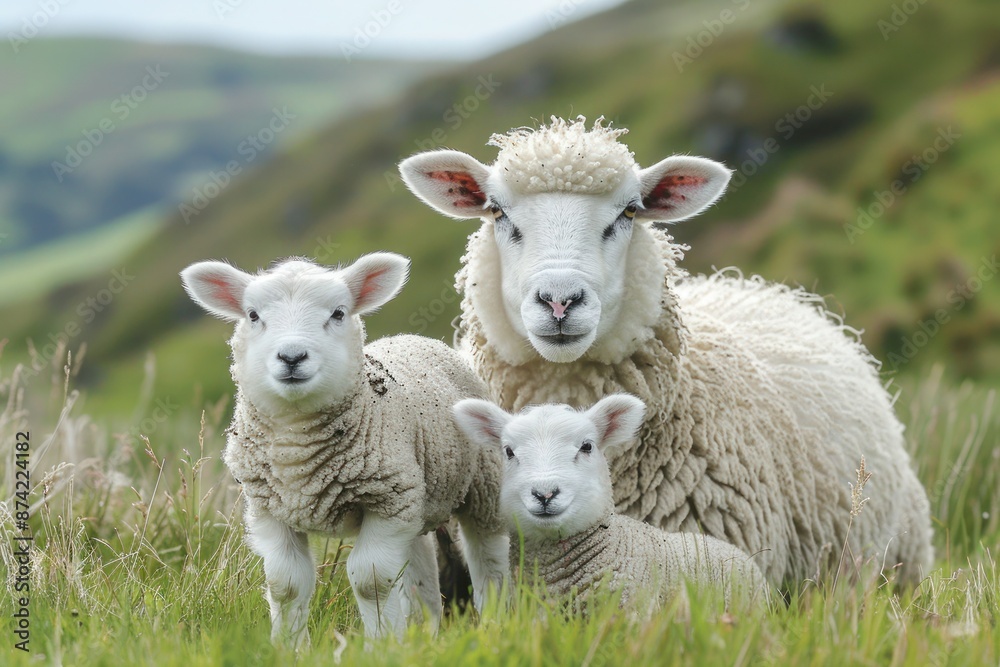 Springtime Grazing: Fluffy Sheep and Playful Lambs in a Lush Green Field Springtime Grazing: Fluffy Sheep and Playful Lambs in a Lush Green Field