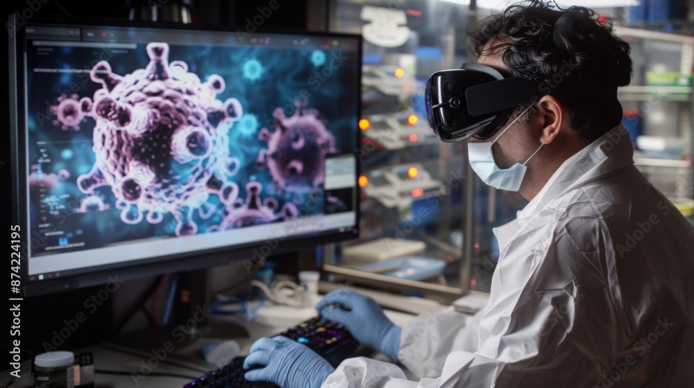 A scientist wearing a face mask and VR headset is looking at a computer screen displaying a 3D model of a coronavirus. A scientist wearing a face mask and VR headset is looking at a computer screen displaying a 3D model of a coronavirus.