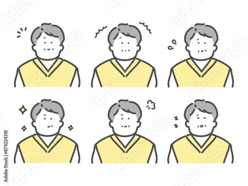 様々な表情をするシニア男性のイラスト　セット