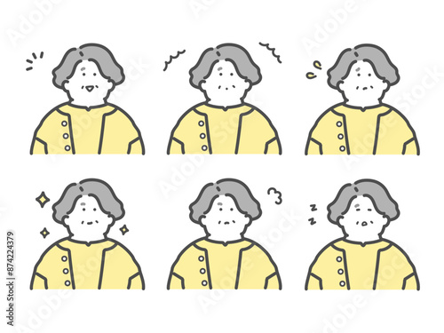 様々な表情をするシニア女性のイラスト　セット