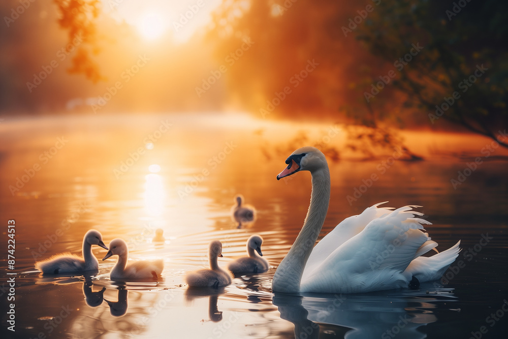 Fototapeta premium Swans swim in a quiet pond with some of their chicks at sunrise