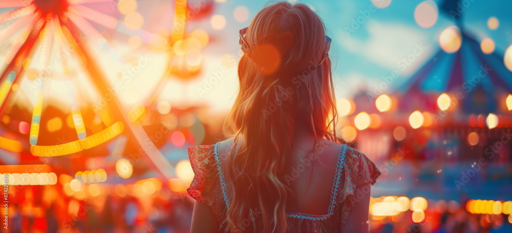 A girl or woman at a fair, amusement park or festival. shallow depth of field. Shallow depth of field. A girl or woman at a fair, amusement park or festival. shallow depth of field. Shallow depth of field.