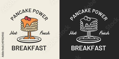 Pancake power breakfast typography. Stylish pancake mascot illustration for printable products.
