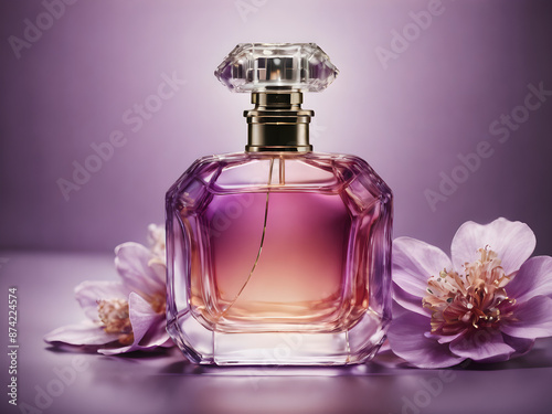 violet bottle of perfume with flower