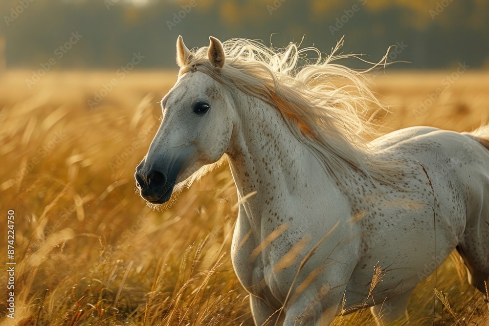 Free as the Wind: Majestic White Stallion Galloping in Expansive Green Pasture Free as the Wind: Majestic White Stallion Galloping in Expansive Green Pasture