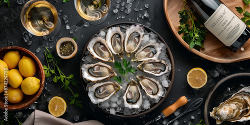 Wallpaper Mural Fresh oysters with ice and white wine. Seafood. Top view. Free copy space.
 Torontodigital.ca
