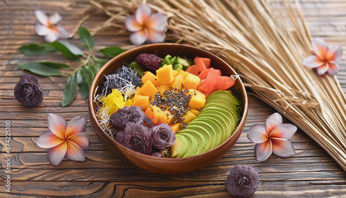 Vibrant Healthy Fruit Bowl on Wooden Background, raw food diet