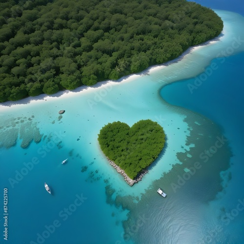 A heart-shaped tropical love island with lush green vegetation surrounded by crystal clear turquoise waters