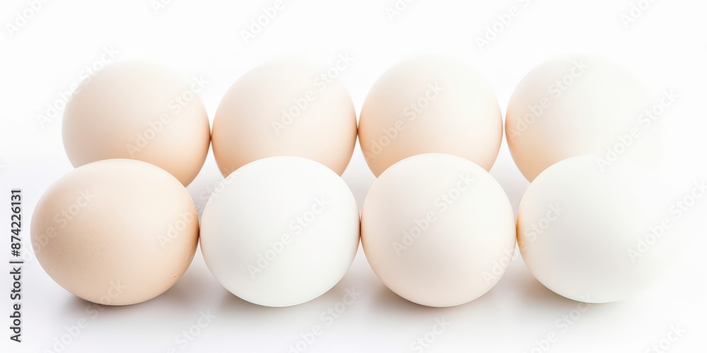 A variety of chicken eggs of different shades of beige and white arranged in a neat row on a white surface. A variety of chicken eggs of different shades of beige and white arranged in a neat row on a white surface.