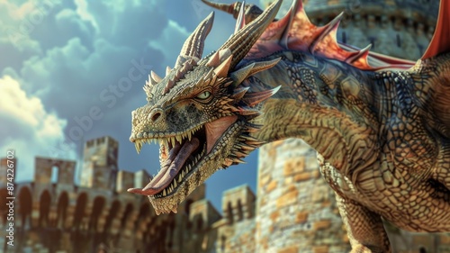 Majestic dragon in front of ancient stone castle