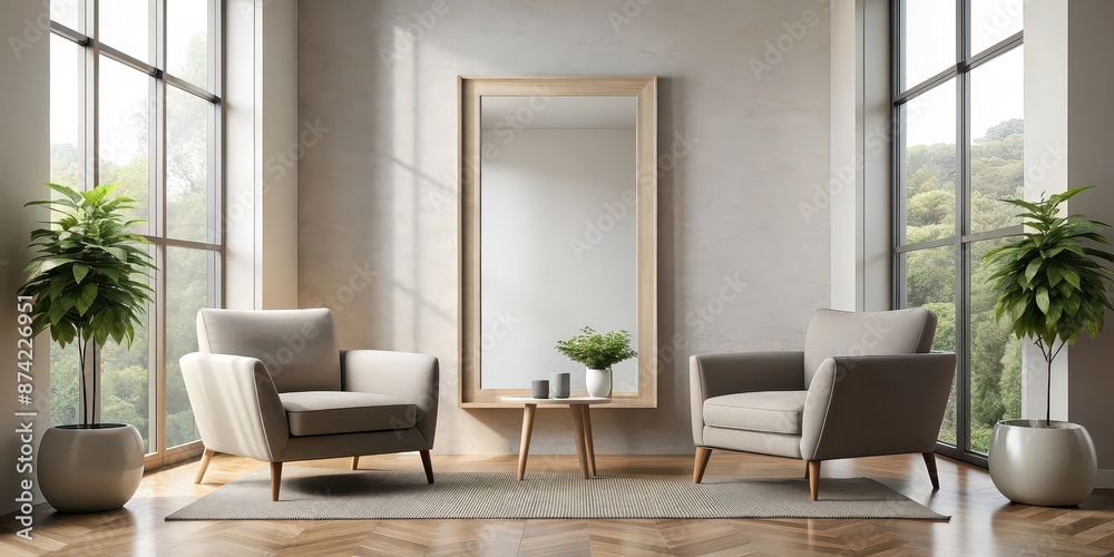 Fototapeta premium Two stylish armchairs facing a mirror in a minimalist room with neutral colors and large windows , stylish, armchairs, mirror