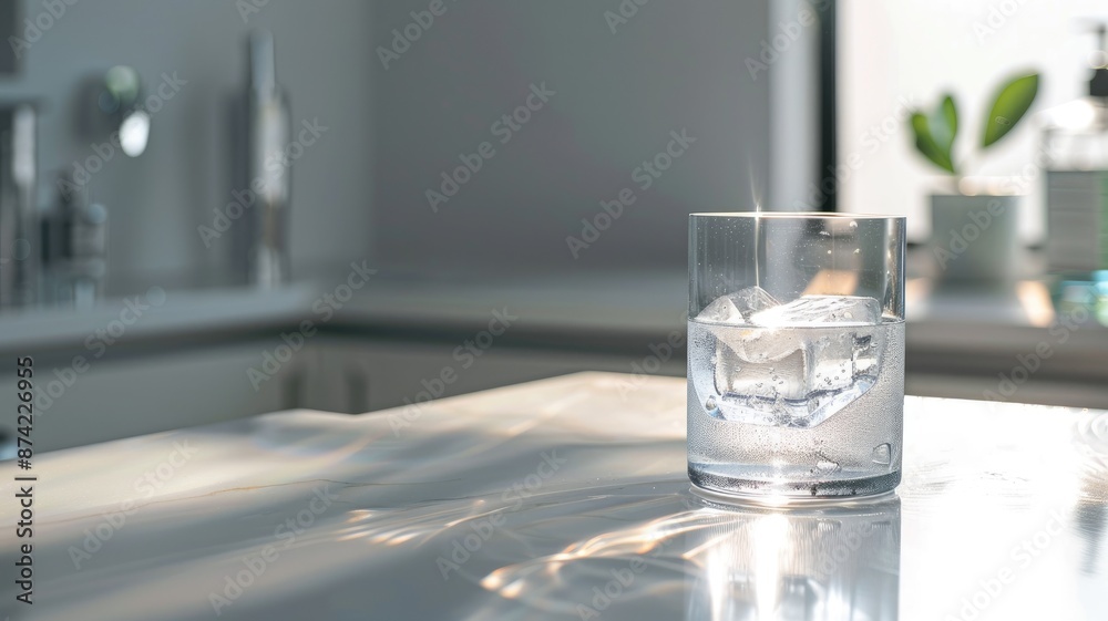 Glass with ice cubes and water on sunlit kitchen counter Glass with ice cubes and water on sunlit kitchen counter