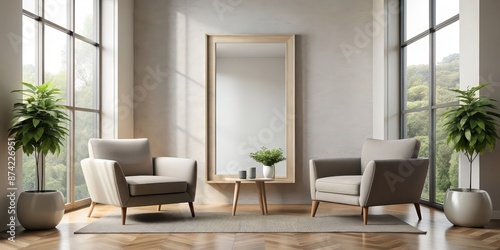 Wallpaper Mural Two stylish armchairs facing a mirror in a minimalist room with neutral colors and large windows , stylish, armchairs, mirror Torontodigital.ca