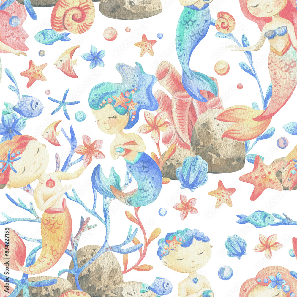 Mermaids is a little girls and boys with fish, seashell, corals, algae, starfish. Watercolor illustration hand drawn pastel colors coral and blue. Seamless pattern on a white background Mermaids is a little girls and boys with fish, seashell, corals, algae, starfish. Watercolor illustration hand drawn pastel colors coral and blue. Seamless pattern on a white background