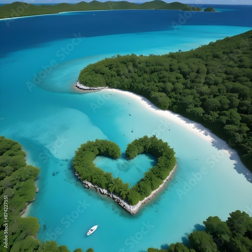 A heart-shaped tropical love island with lush green vegetation surrounded by crystal clear turquoise waters