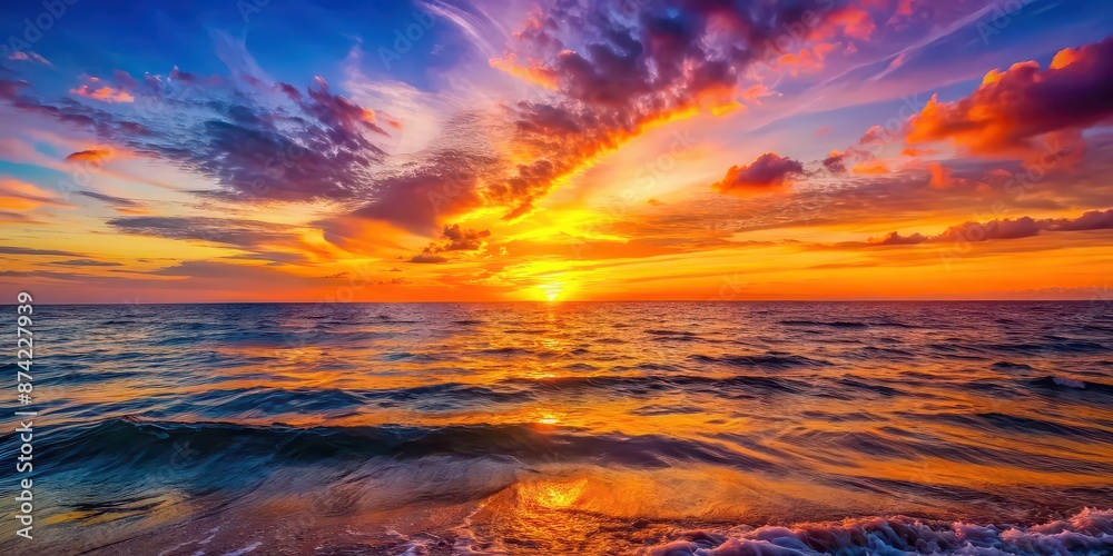 Vibrant sunset casting warm colors over calm ocean waters , sunset, sea, water, horizon, dusk, sky, scenic, nature, beauty Vibrant sunset casting warm colors over calm ocean waters , sunset, sea, water, horizon, dusk, sky, scenic, nature, beauty