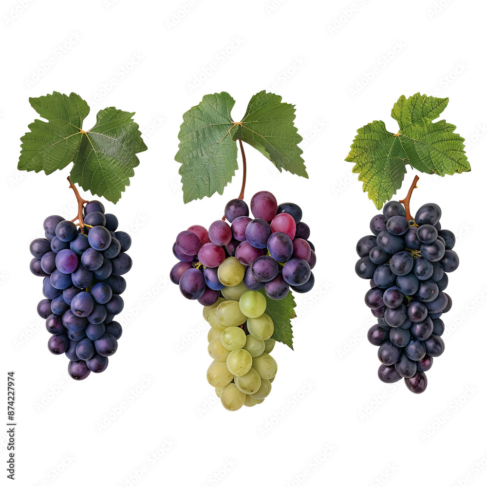 Fototapeta premium Detailed digital illustration of a bunch of red grapes with green leaves, showcasing natural texture and vibrant colors. 