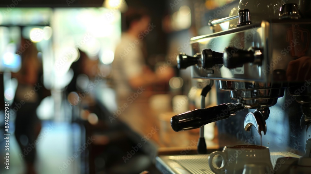 Cafe Interior Harmony: A Close-Up View of a Coffee Machine with Blurred Coffee Drinkers in the Background Cafe Interior Harmony: A Close-Up View of a Coffee Machine with Blurred Coffee Drinkers in the Background