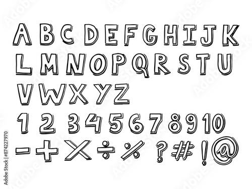 Hand drawn alphabet and numbers doodle style design set