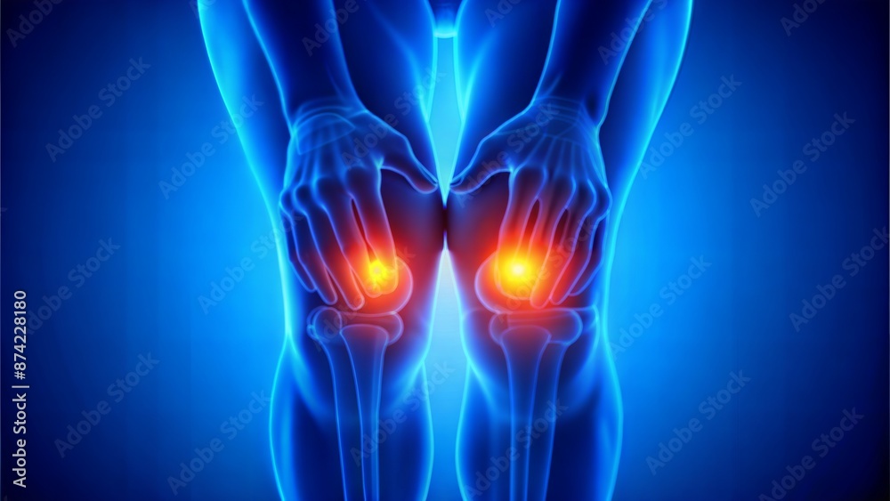 Illustration of a human knee with an X-ray, highlighting the bones and joints Illustration of a human knee with an X-ray, highlighting the bones and joints