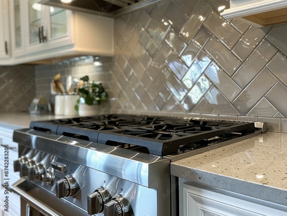 Modern Kitchen with Stainless Steel Stovetop and Herringbone Tile Backsplash. Modern Kitchen with Stainless Steel Stovetop and Herringbone Tile Backsplash.