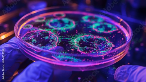 Gloved hands hold a petri dish containing a culture of glowing, green and pink microbial colonies.