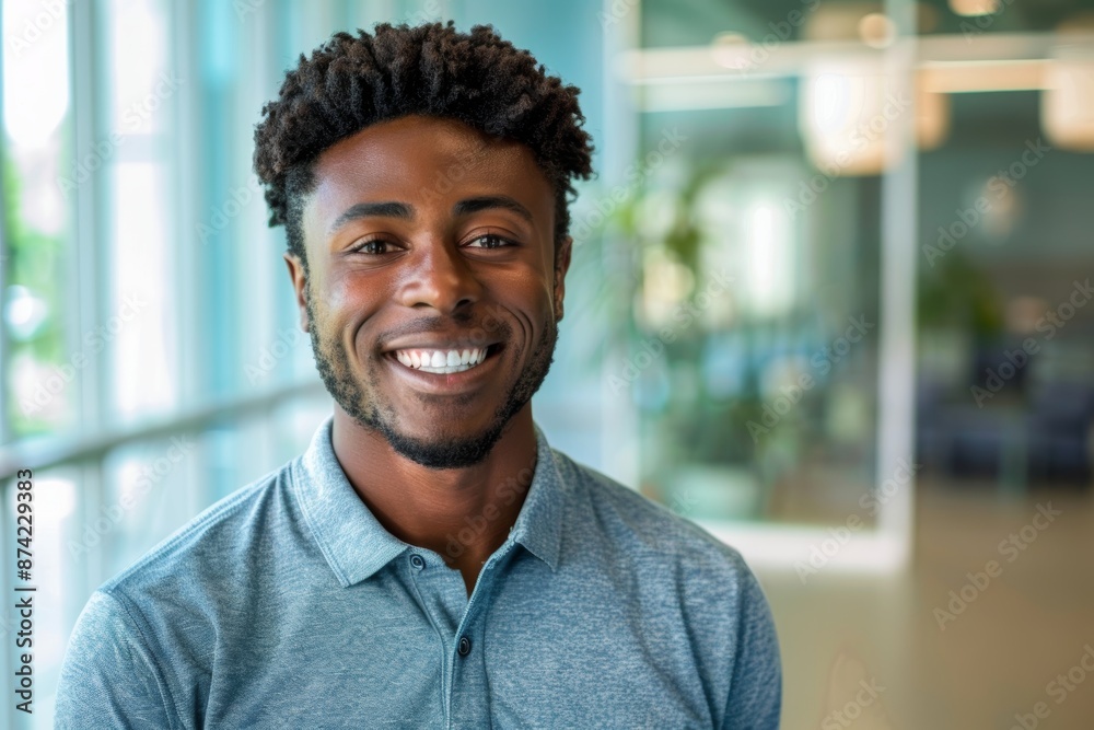 Portrait of a grinning afro-american man in his 20s wearing a breathable golf polo while standing against sophisticated corporate office background Portrait of a grinning afro-american man in his 20s wearing a breathable golf polo while standing against sophisticated corporate office background