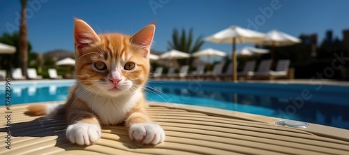 Pretty cat resting near swimming pool in a sunny day