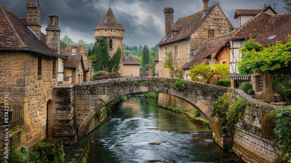 A medieval stone bridge spanning a narrow river, flanked by ancient stone towers and quaint riverside cottages with thatched roofs. A medieval stone bridge spanning a narrow river, flanked by ancient stone towers and quaint riverside cottages with thatched roofs.