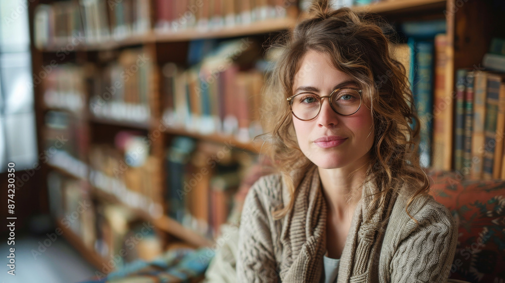 Caucasian woman reading in a cozy library corner surrounded by books Caucasian woman reading in a cozy library corner surrounded by books
