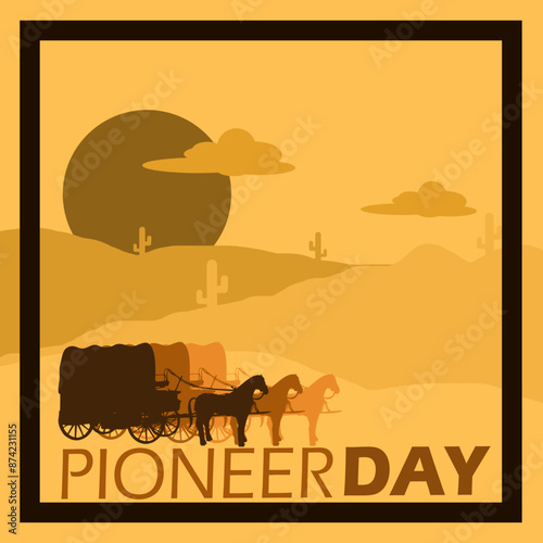 Pioneer Day event banner. Pioneer horse carts lined up against a barren field in frame on light brown background to celebrate on July 24th