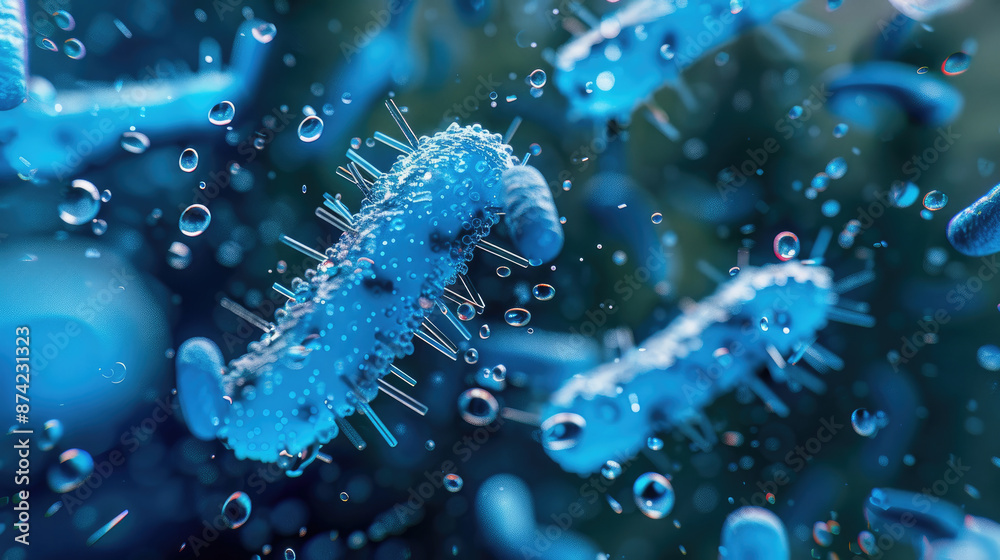 Obraz premium Close-Up of Vibrant Blue Bacteria with Stem and Water Droplets