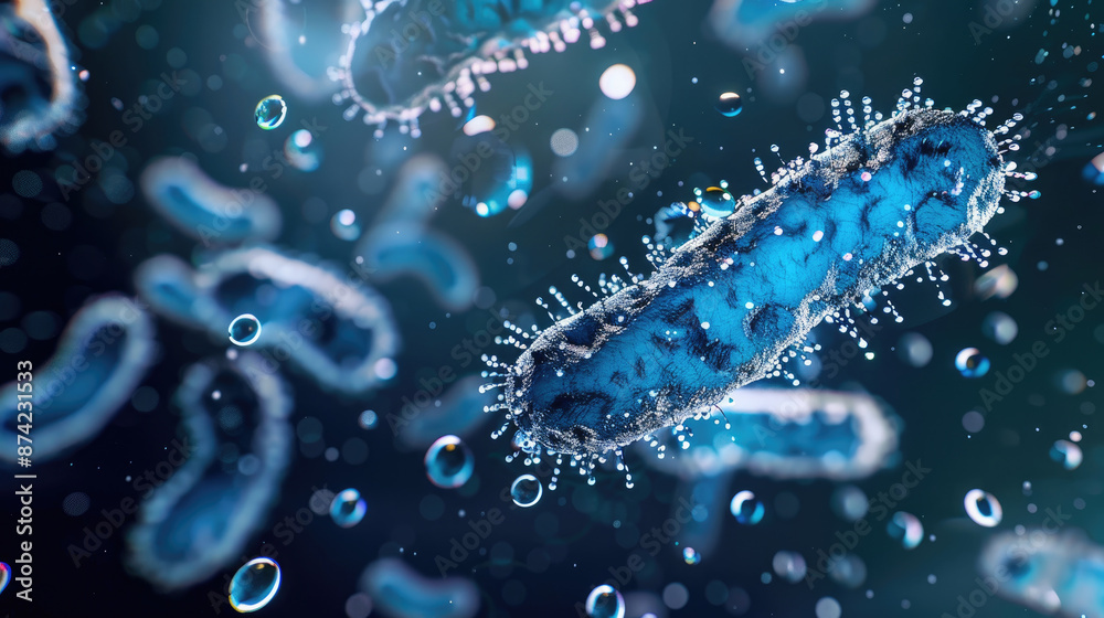 Close-Up of Vibrant Blue Bacteria with Stem and Water Droplets Close-Up of Vibrant Blue Bacteria with Stem and Water Droplets