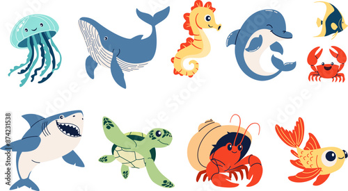 Set of flat vector illustrations on the theme of marine inhabitants. Cute shark crab crayfish hermit jellyfish turtle seahorse dolphin fish . Vector illustration