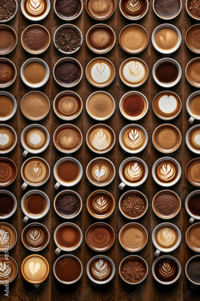 Variety of steaming cups of coffee with cream and cinnamon. Variety of steaming cups of coffee with cream and cinnamon.