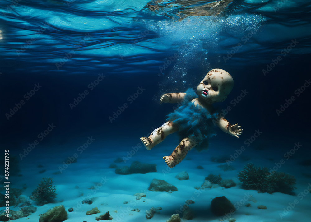Stained, broken, dirty toy doll floating underwater in the ocean, environmental crisis caused by toy waste. Stained, broken, dirty toy doll floating underwater in the ocean, environmental crisis caused by toy waste.