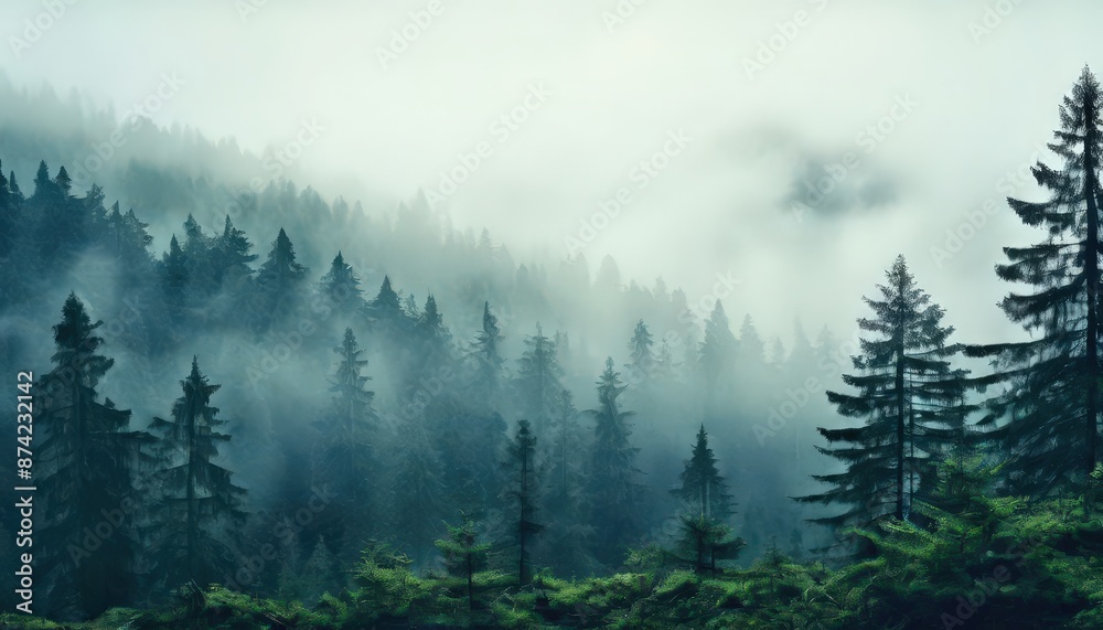 Naklejka premium The image captures a serene scene of a forest shrouded in fog The forest, teeming with tall trees, stretches out into the distance