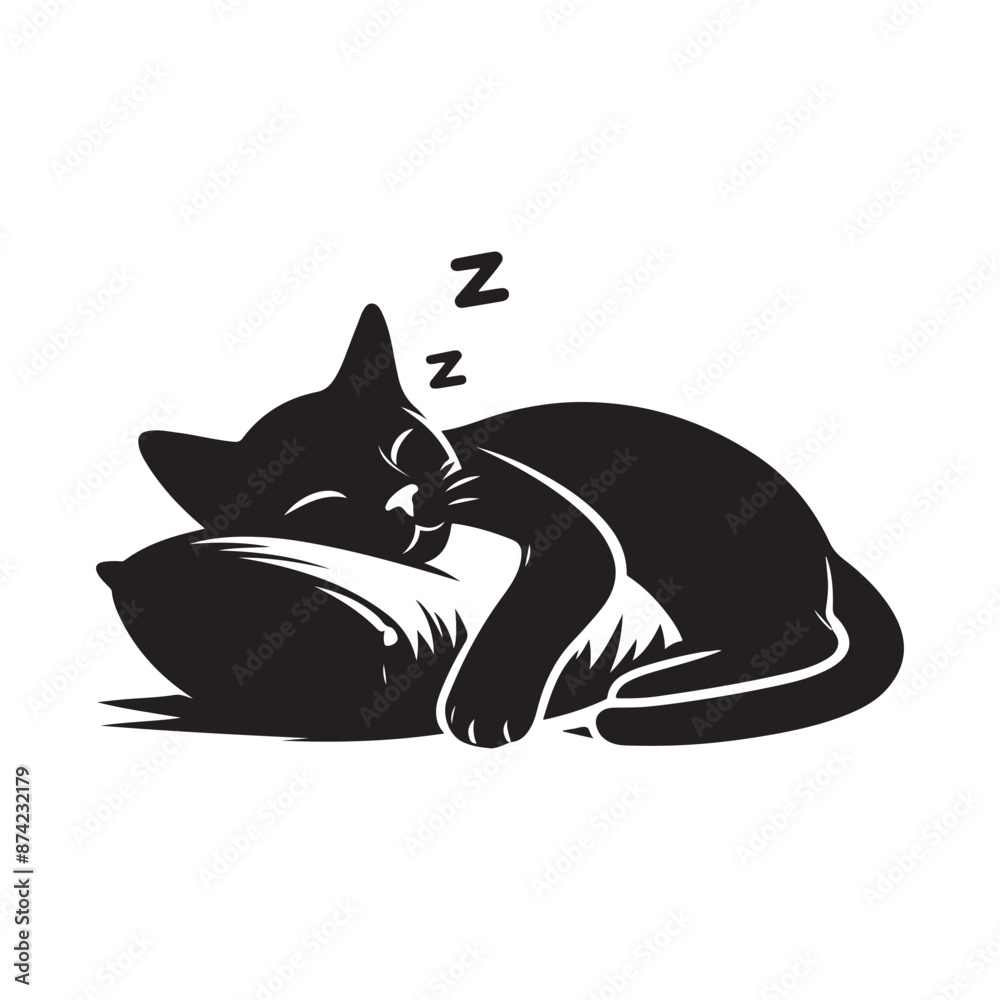 A Cat Sleeping with Pillow vector. Sleeping cat. Silhouettes of black cats. Vector illustration A Cat Sleeping with Pillow vector. Sleeping cat. Silhouettes of black cats. Vector illustration