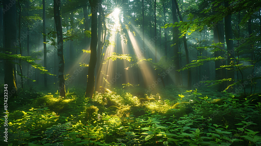 Naklejka premium Beautiful forest with rays of sunlight shining