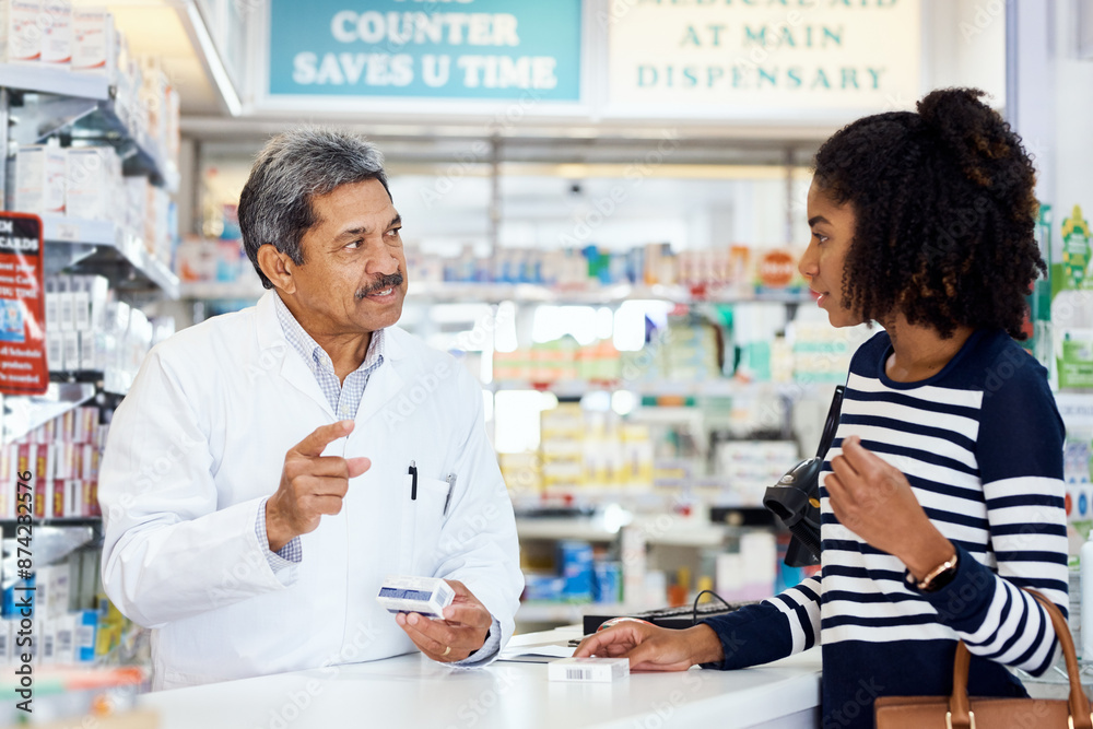 Mature, man and consulting with woman for help, prescription medication and wellness management. Female customer, pharmacist and speaking by counter for advice on medical treatment and healthcare.