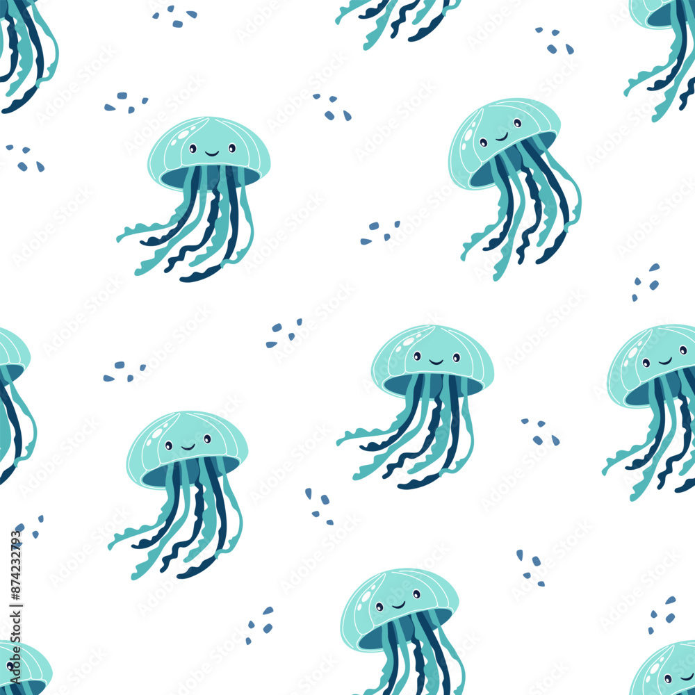 Seamless vector pattern. Cute jellyfish with a smiling face. Cute pattern for children's products on white background . Vector illustration Seamless vector pattern. Cute jellyfish with a smiling face. Cute pattern for children's products on white background . Vector illustration