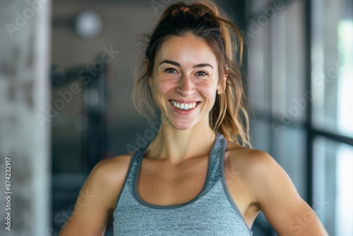 Portrait of a happy woman in her 30s showing off a lightweight base layer isolated on dynamic fitness gym background Free Download Portrait of a happy woman in her 30s showing off a lightweight base layer isolated on dynamic fitness gym background - GFXLoad